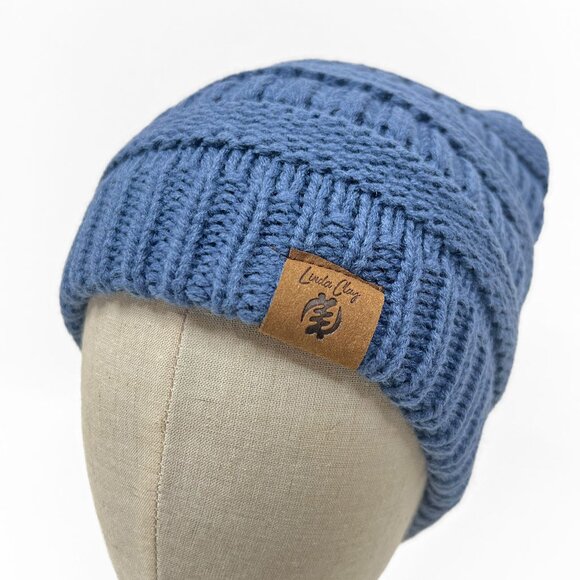 Denim Blue Beanie Hat Skully Women's Slouchy Thick Satin Lined Cap - Picture 6 of 7